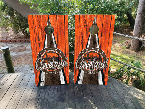 Cleveland Ohio sports-themed cornhole wraps, Browns and Cavaliers graphics,