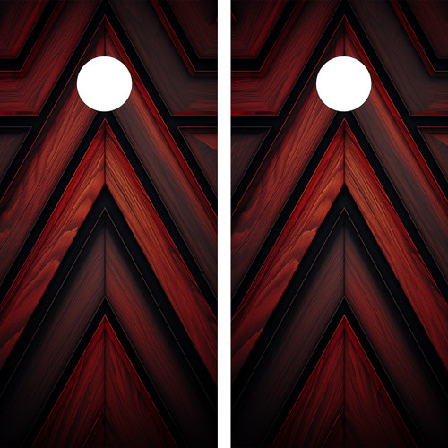 "Red and Black Wood Grain Cornhole Boards Design 1 featuring bold wood grain texture with red and black color scheme and rustic finish"