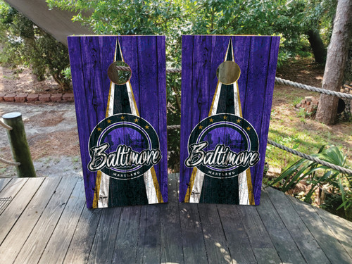 "Baltimore Sports Colors Cornhole Boards Design 2 featuring black, orange, and white color scheme inspired by Baltimore sports teams with bold graphic design"