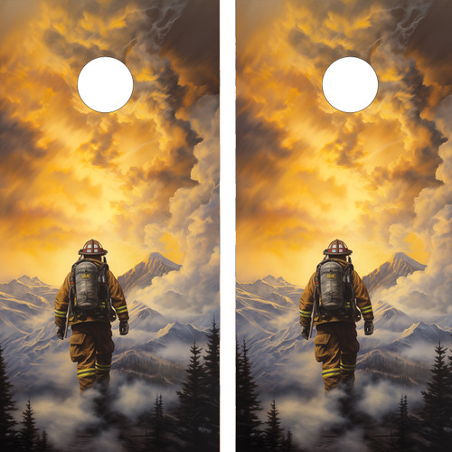 Embrace the courageous spirit of wildlands firefighters with our striking cornhole boards, showcasing their valor against the backdrop of nature.