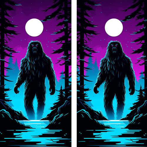 "Midnight Bigfoot Cornhole Boards Design 3 featuring Bigfoot silhouette under moonlit night sky with forest and stars"
