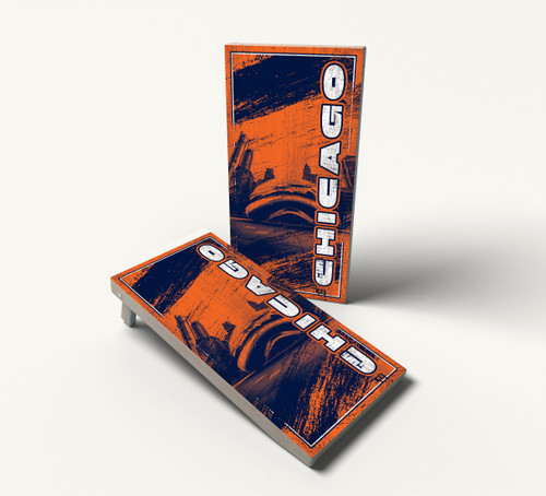 "Chicago Sports Colors Skyline Cornhole Boards Design featuring Chicago city skyline with orange and navy blue color scheme inspired by local sports teams"