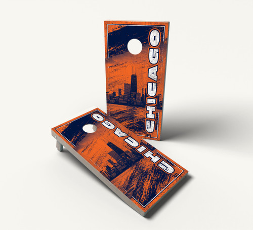 "Chicago Sports Colors Bean Cornhole Boards Design featuring iconic Chicago Bean skyline design with orange and navy blue sports team colors"
