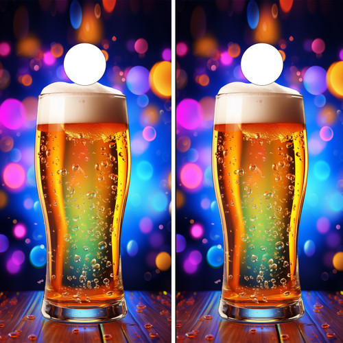 Two tall glasses of beer with foamy heads placed side by side on a wooden surface, with colorful, out-of-focus bokeh lights in the background. Each glass has a white circle above the foam, resembling a beer pong ball in mid-air.