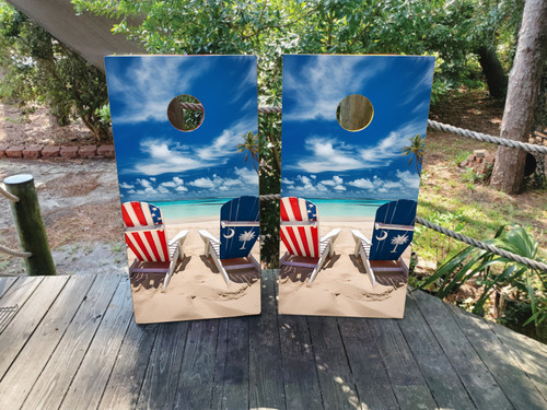 "USA and South Carolina Beach Chairs Professional Cornhole Boards featuring patriotic beach chair design with American flag and South Carolina theme"