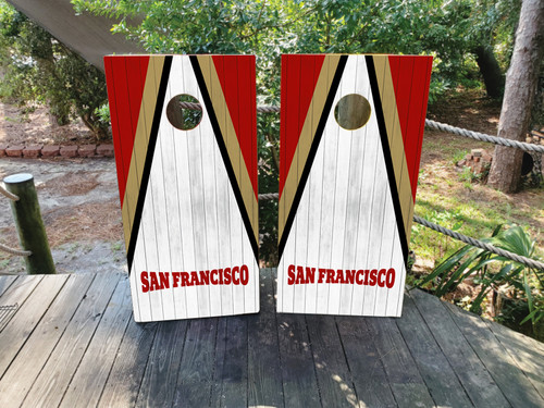 "San Francisco Sports Colors Cornhole Boards Design 4 featuring bold red and gold color scheme inspired by San Francisco sports teams with dynamic graphic design"