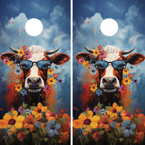 "Cow Cornhole Boards featuring close-up cow illustration with rustic farm theme and natural wood background"