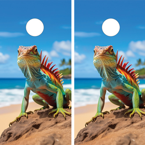 "Beach Lizard Professional Cornhole Boards featuring tropical beach scene with colorful lizard and vibrant coastal design"