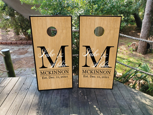Wood grain wedding cornhole boards