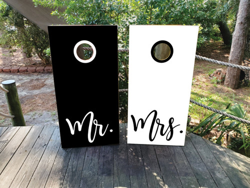 black and white wedding cornhole boards