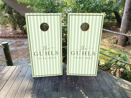 green and cream wedding cornhole boards