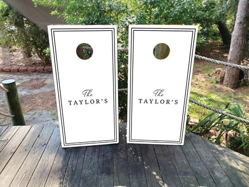 black and white wedding cornhole boards
