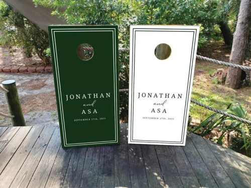 dark green and white wedding cornhole boards