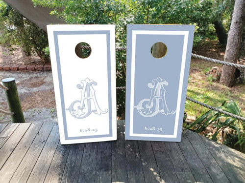 dusty blue and white cornhole boards