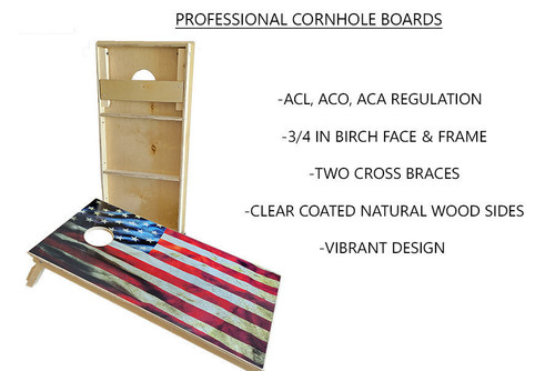 Regulation cornhole boards with a laminated American flag wrap, birch wood build, clear coated sides, and reinforced cross braces.