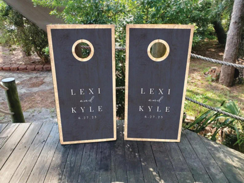 wood grain wedding cornhole boards