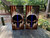 Pair of cornhole boards featuring a grungy American flag background and a bold black s skull with a vertical thin blue line, symbolizing support for law enforcement.