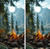 Pair of cornhole boards featuring a realistic campfire scene in the foreground, surrounded by rocks and pine trees, with snow-capped mountains and a clear blue lake in the background.