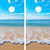"Life on the Beach Cornhole Boards Design 1 featuring serene tropical beach scene with palm trees and ocean waves"