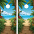 "Beach Walk Professional Cornhole Boards featuring sandy beach path with footprints, ocean waves, and coastal scenery"