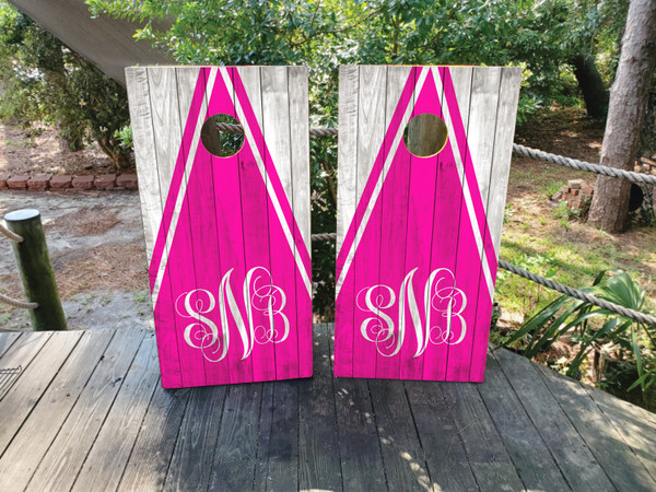 Custom Wood Grain Pink Monogram Cornhole Wraps / Skins