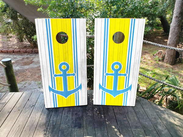 Yellow and white wood grain cornhole wraps