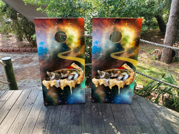 "Cat Surfing on Pizza in the Galaxy Professional Cornhole Boards featuring whimsical cat riding pizza slice with cosmic galaxy background" "Cat Surfing on Pizza in the Galaxy Professional Cornhole Boards featuring whimsical cat riding pizza slice with cosmic galaxy background"