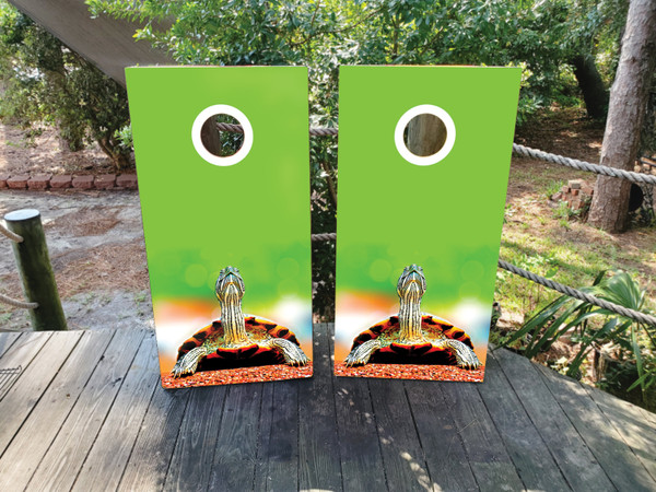 "I Like Turtles Cornhole Boards featuring playful turtle illustrations with bright colors and fun outdoor theme"