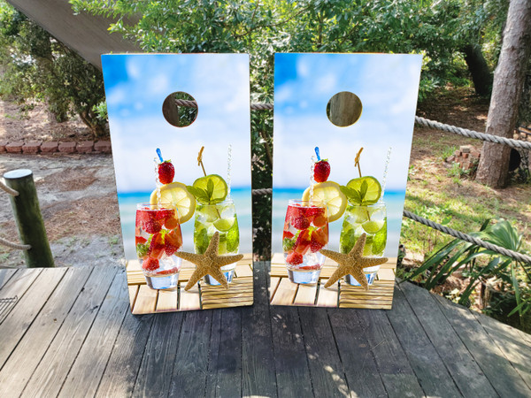 "Spritzers on the Beach Professional Cornhole Boards featuring tropical beach design with colorful spritzer cocktails and vibrant sunset"