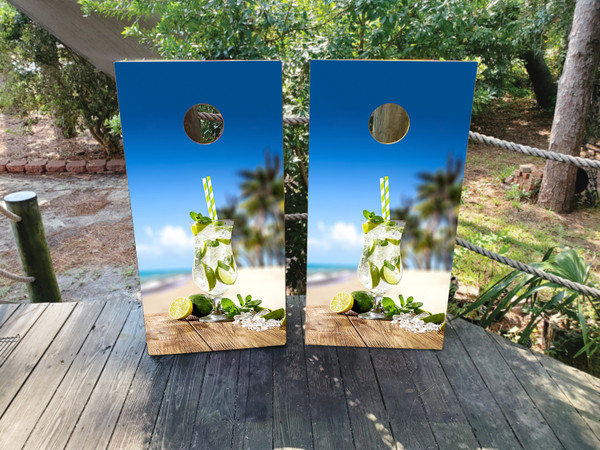"Mojitos on the Beach Professional Cornhole Boards featuring tropical beach scene with mojito cocktails and vibrant colors"