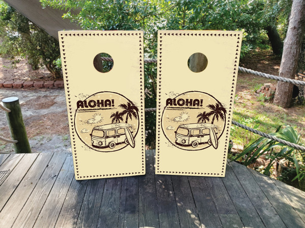 "Aloha Retro Beach Professional Cornhole Boards featuring vintage beach scene with palm trees, sunset, and retro typography"
