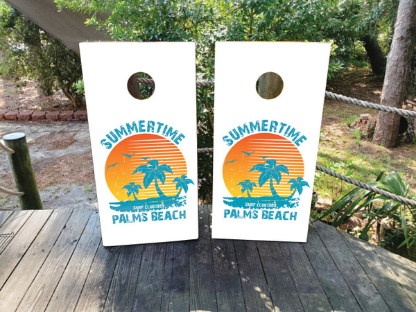 "Palm Beach Professional Cornhole Boards featuring tropical palm trees, sandy beach, and vibrant ocean background"