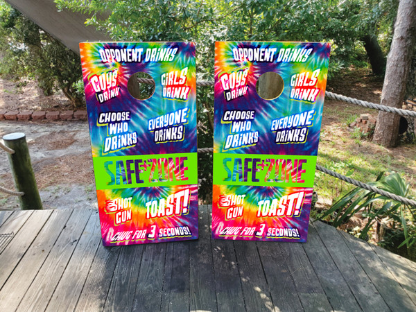 "Tie Dye Drinking Game Professional Cornhole Boards with vibrant tie-dye pattern, party cups, and fun beach game design"