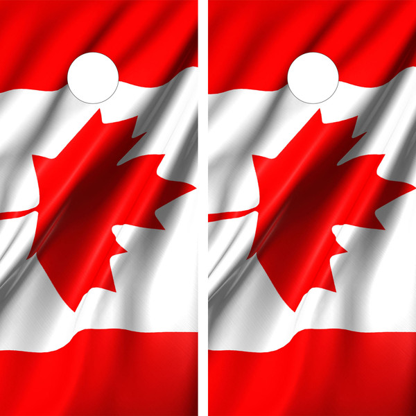 Cornhole boards featuring a close-up of the Canadian flag with a red maple leaf on white background, set against a digitally rendered wavy fabric texture to mimic flowing material.
