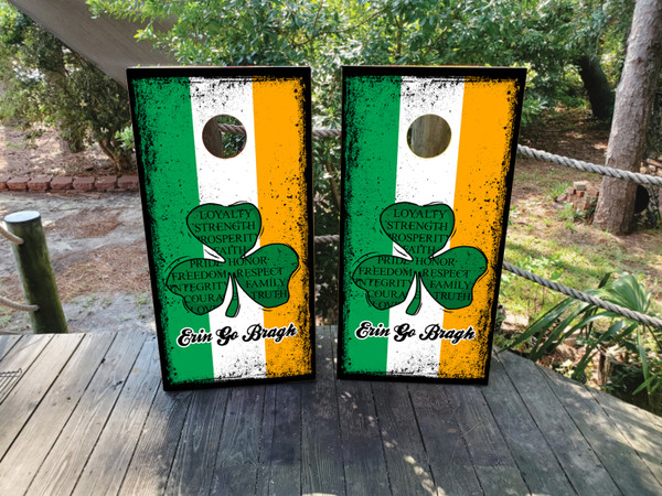 "Erin Go Bragh Irish Flag Cornhole Boards Design 1 featuring Irish flag colors with harp emblem and rustic St. Patrick’s Day theme"