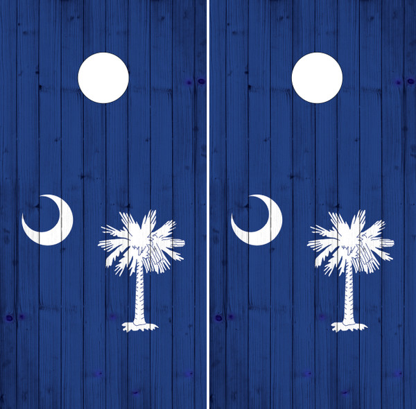 "Navy South Carolina Cornhole Boards Design 5 featuring navy blue state outline, coastal beach scene, and personalized text"