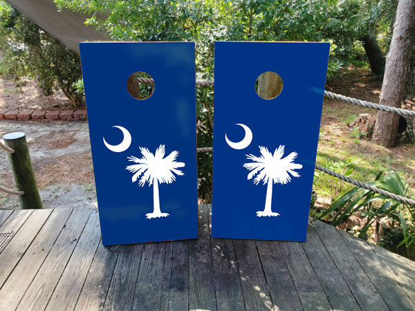 "Navy South Carolina Cornhole Boards Design 6 featuring navy blue state outline with coastal beach graphics and personalized details"