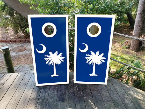 "Navy South Carolina Professional Cornhole Boards featuring state outline with navy blue theme and coastal beach design"