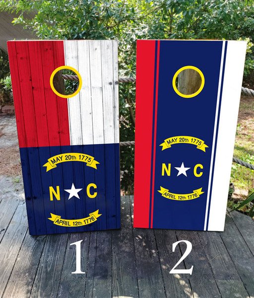 "North Carolina Professional Cornhole Boards featuring state outline, coastal design, and beach theme with ocean waves"