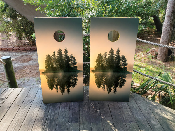 Cornhole Boards featuring a scenic, peaceful lake