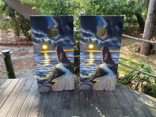 "Mermaid Professional Cornhole Boards featuring mystical mermaid design with ocean waves, seashells, and underwater theme"