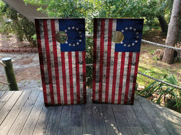 cornhole boards featuring a distressed 13 colony usa american flag