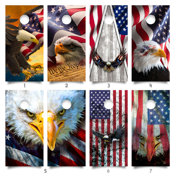"American Eagle Professional Cornhole Boards – Choose Your Design featuring regulation‑size 24″×48″ birchwood boards wrapped in rustic woodgrain 3M vinyl showcasing various bald eagle and American flag graphics, clear‑coated for durability" "American Eagle Professional Cornhole Boards – Choose Your Design featuring regulation‑size 24″×48″ birchwood boards wrapped in rustic woodgrain 3M vinyl showcasing various bald eagle and American flag graphics, clear‑coated for durability"