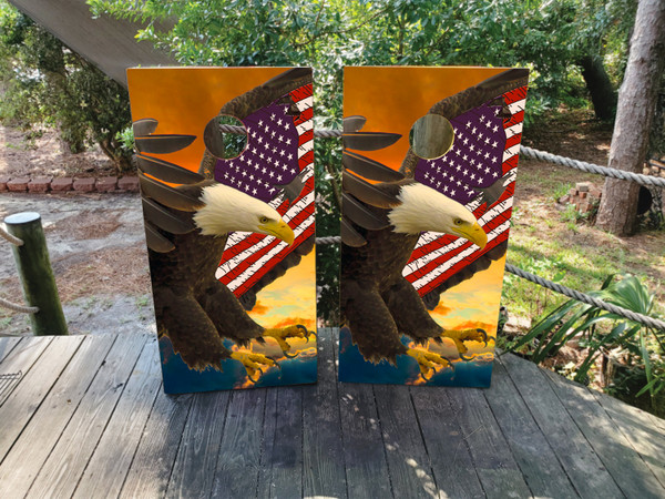 Cornhole boards featuring a USA/American flag and bald eagle