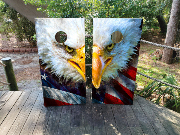 Cornhole boards featuring a USA/American flag and bald eagle