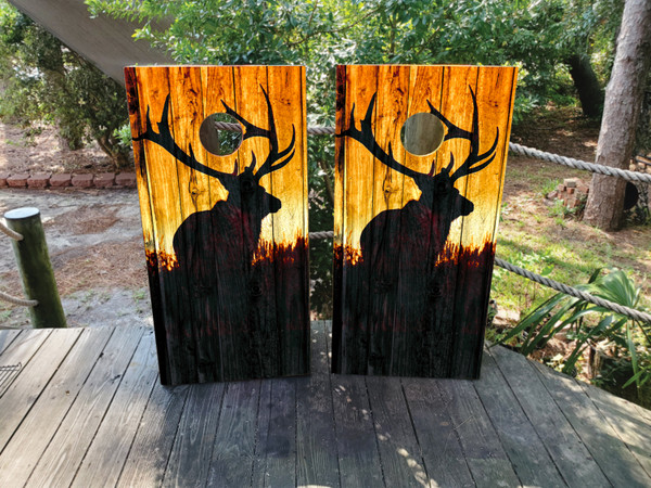 "Majestic Elk Cornhole Boards featuring detailed elk silhouette with mountain landscape and rustic outdoor wilderness theme"