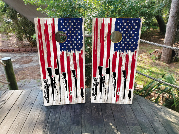 Cornhole boards featuring a USA American Flag and hunting theme