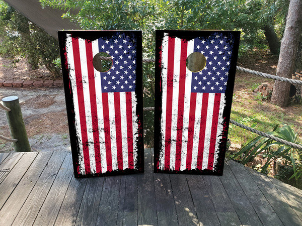 Cornhole boards featuring a USA American Flag with black distressed texture