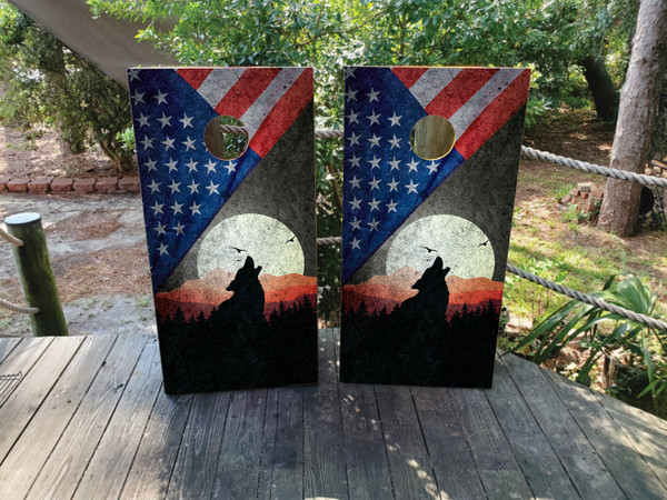 Cornhole boards featuring a wolf and USA American flag