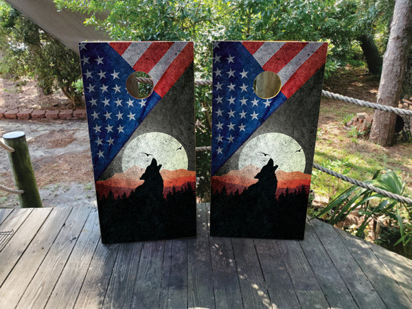 "Wolf USA American Flag Cornhole Boards featuring detailed wolf illustration combined with American flag design in patriotic theme"